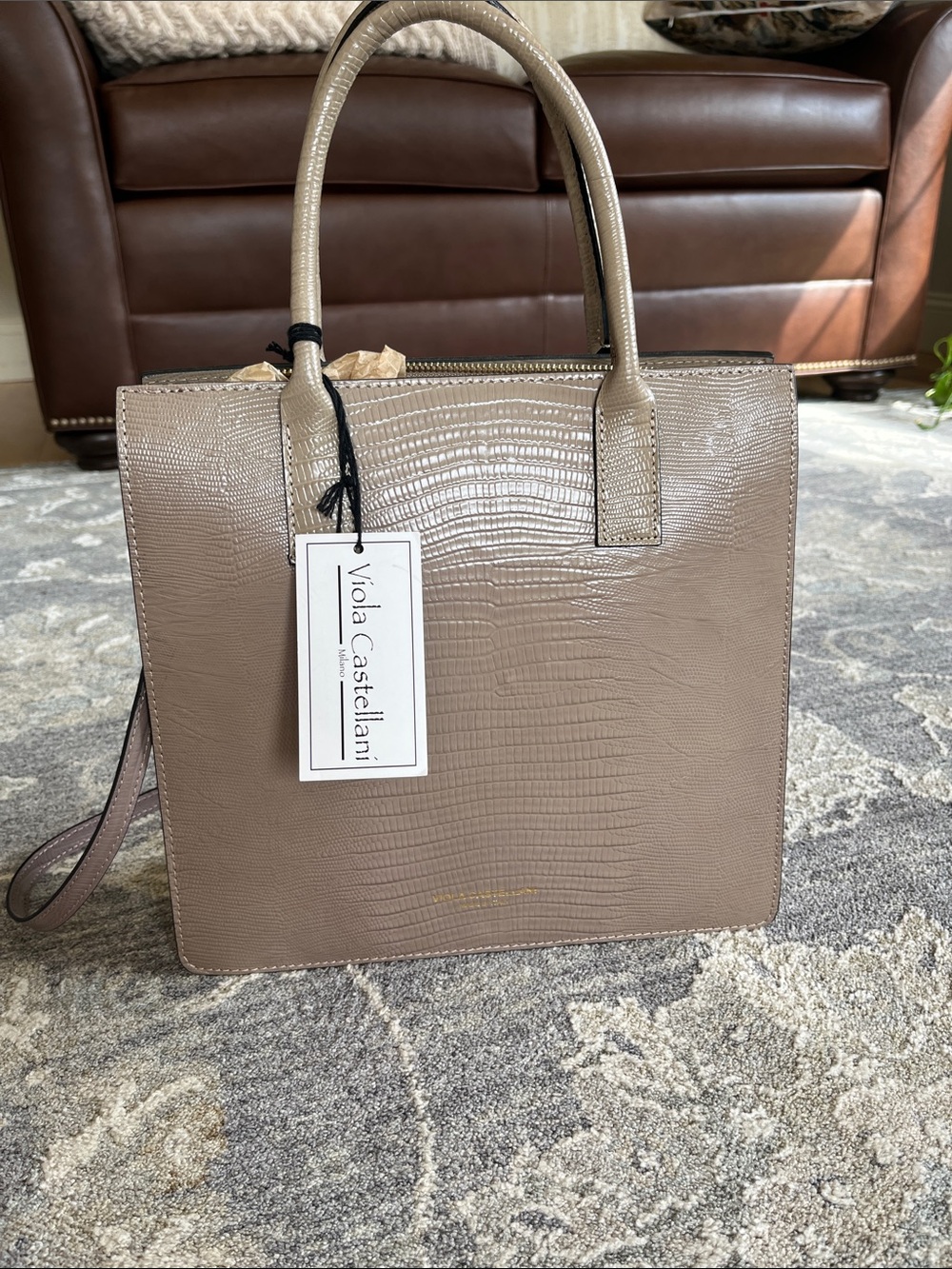 Italina Taupe Croc-Embossed Tote